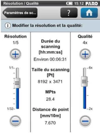 Interface de réglage de la qualité d'un scan - Faro Focus