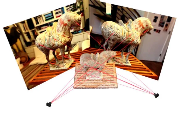 Illustration du principe de corrélation d'images permettant à la photogrammétrie de reconstruire des modèles 3D