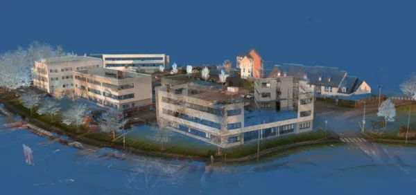 Nuage de point d'un quartier numérisé en mobile-mapping par sac à dos - Source : Viametris